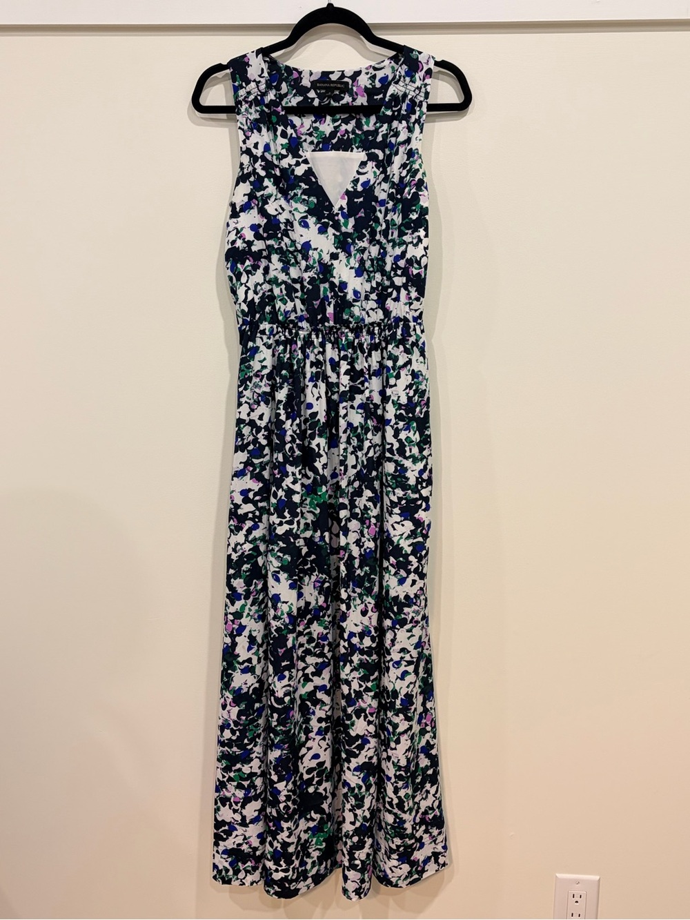 Banana Republic White Maxi Dress with Navy, Green & Purple Floral Print